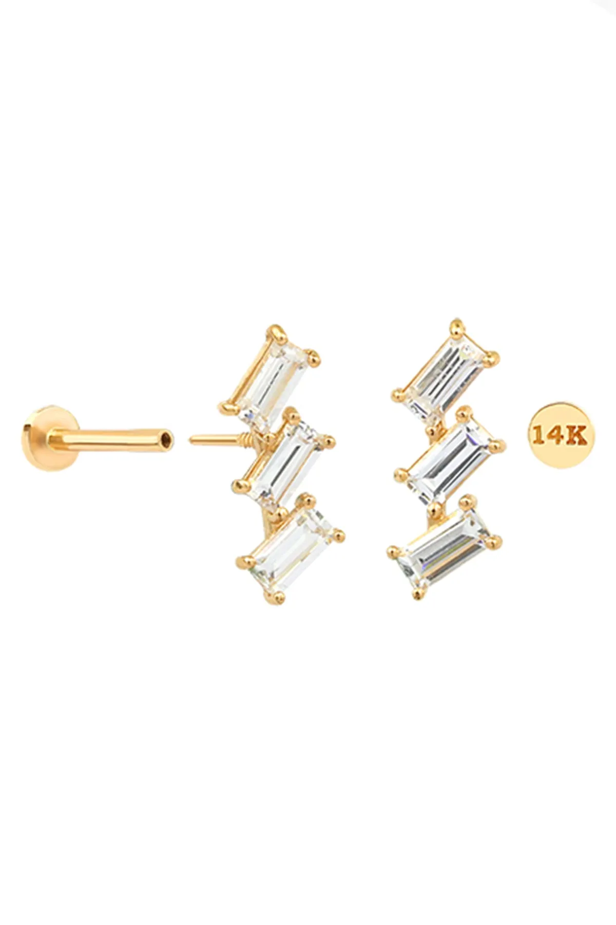 14K Solid Gold Baguette Cz Tragus Helix Cartilage Internally Threaded Flat Back Earring Labret