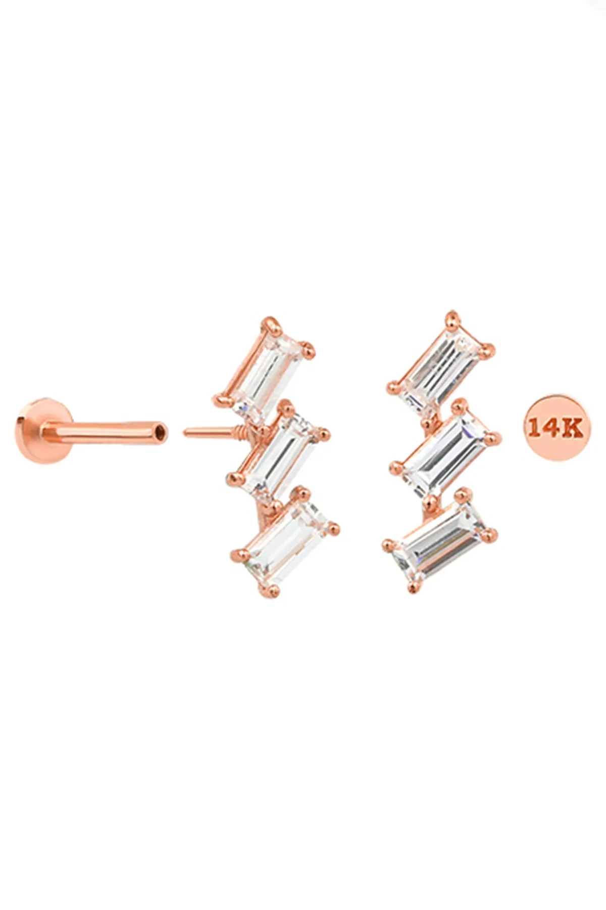 14K Solid Gold Baguette Cz Tragus Helix Cartilage Internally Threaded Flat Back Earring Labret