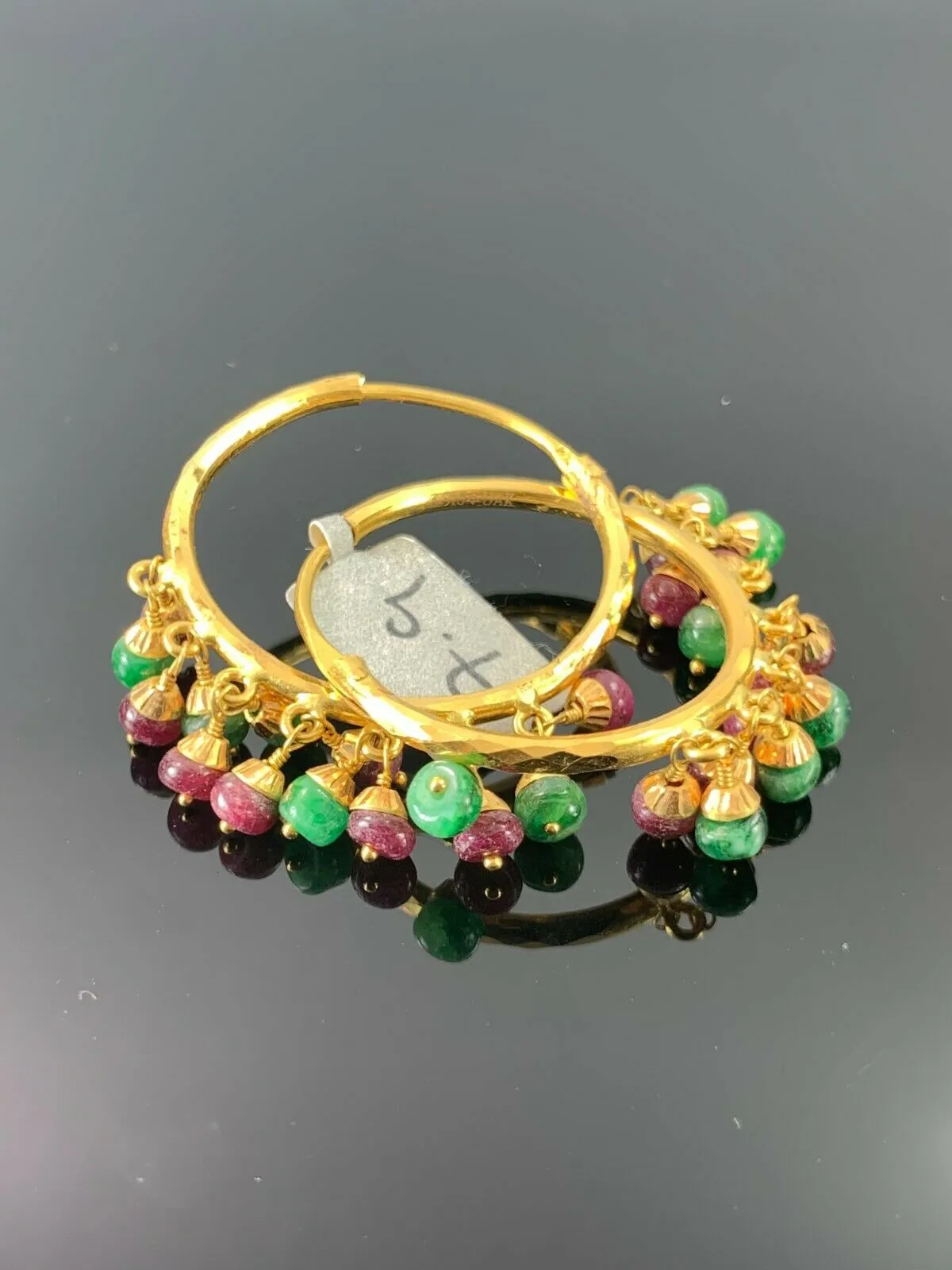 Gold hoop earrings with colorful stone design - E3922