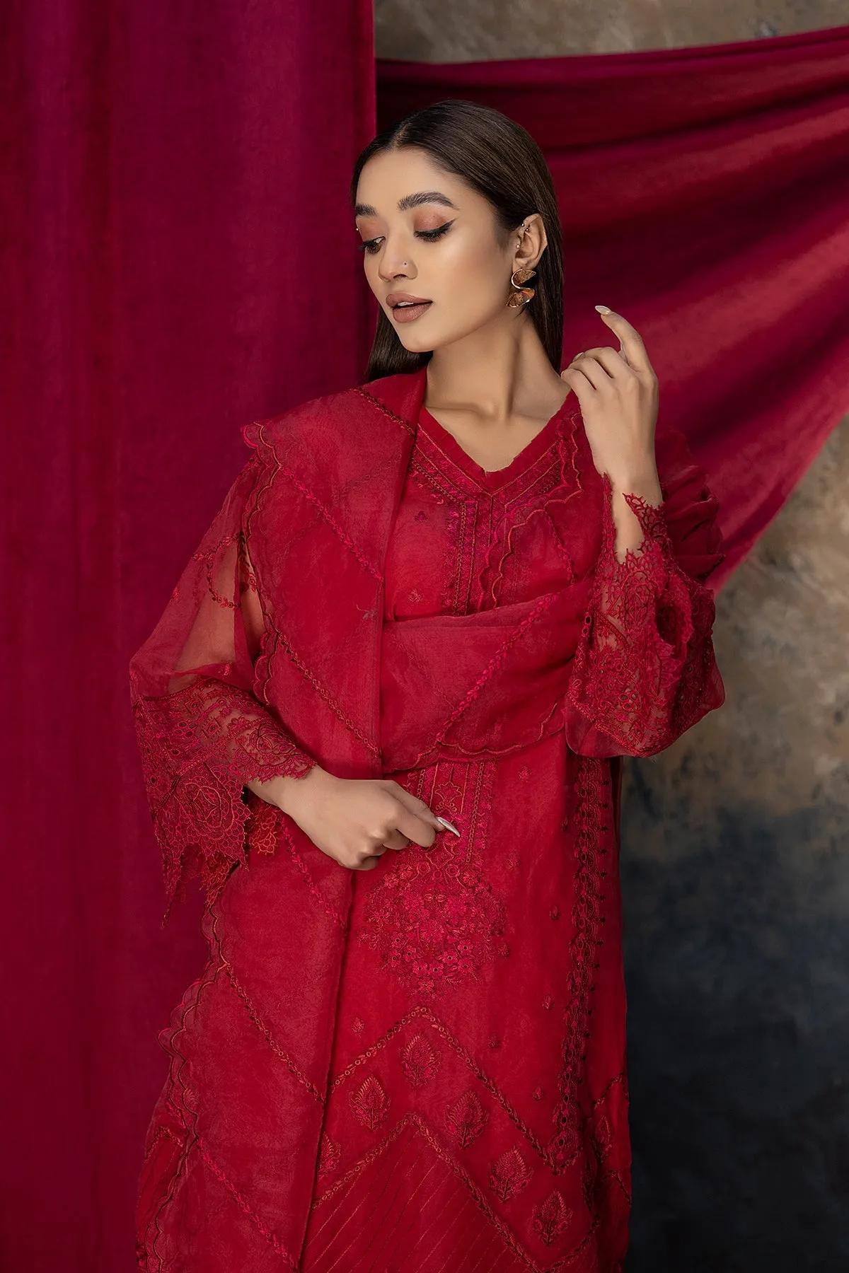 3-Piece Organza Shirt with Embroidered Dupatta and Palazzo Pants CMA22-10-S