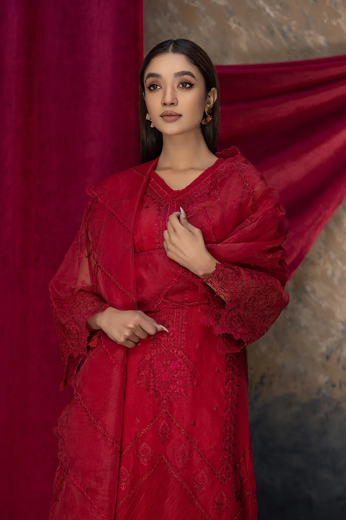 3-Piece Organza Shirt with Embroidered Dupatta and Palazzo Pants CMA22-10-S