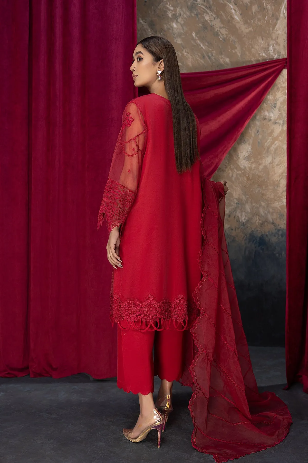 3-Piece Organza Shirt with Embroidered Dupatta and Palazzo Pants CMA22-10-S