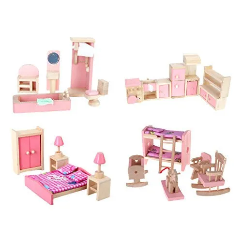 4 SET DOLLHOUSE FURNITURE KID TOY BATHROOM KID ROOM BEDROOM KITCHEN SET