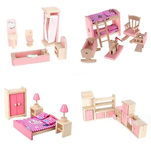 4 SET DOLLHOUSE FURNITURE KID TOY BATHROOM KID ROOM BEDROOM KITCHEN SET