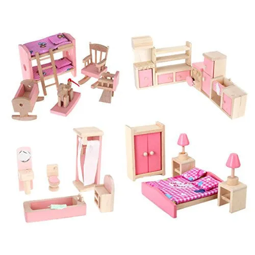 4 SET DOLLHOUSE FURNITURE KID TOY BATHROOM KID ROOM BEDROOM KITCHEN SET