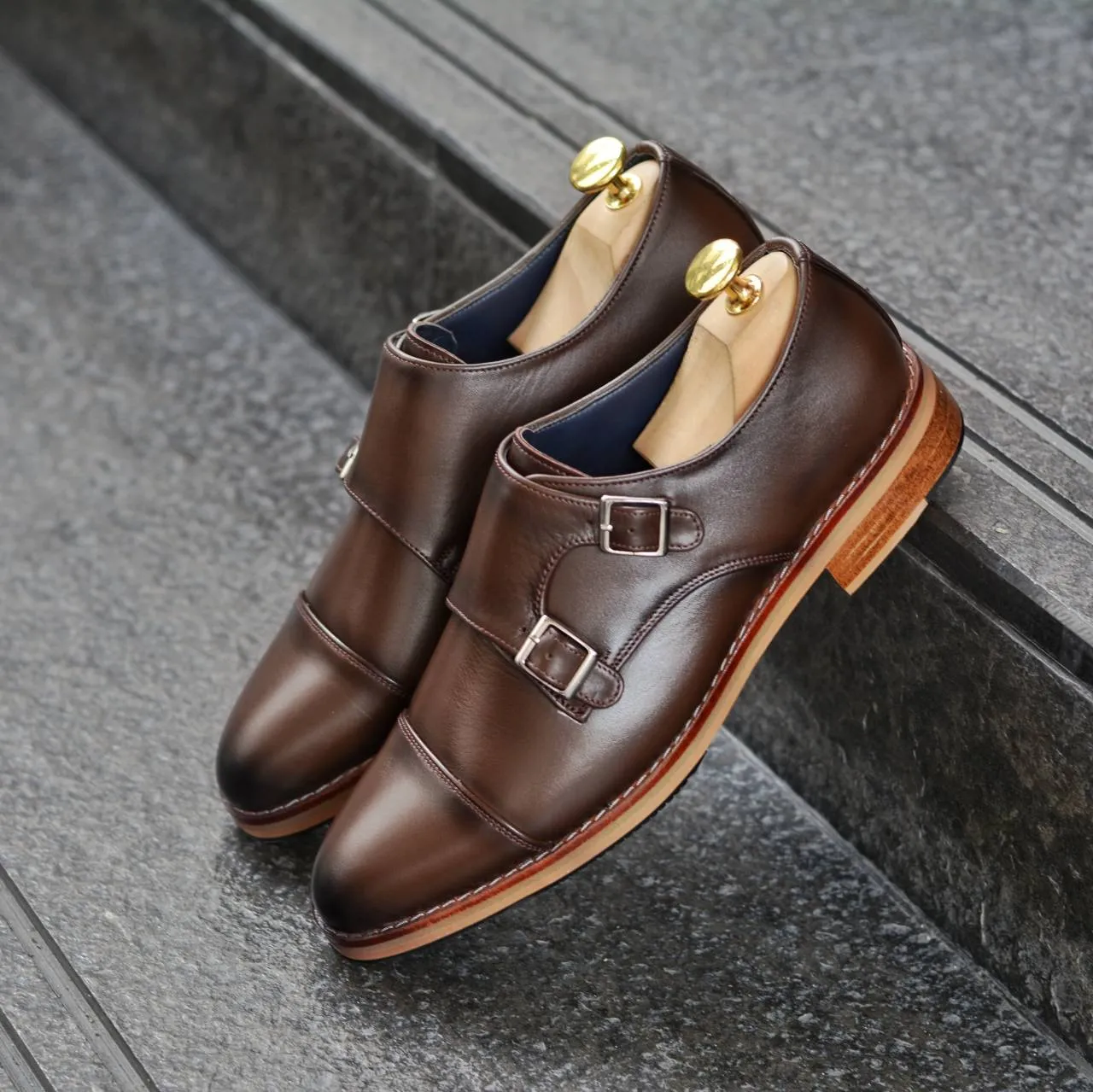 New Mocha Painted Double Monk Strap Shoes - 504