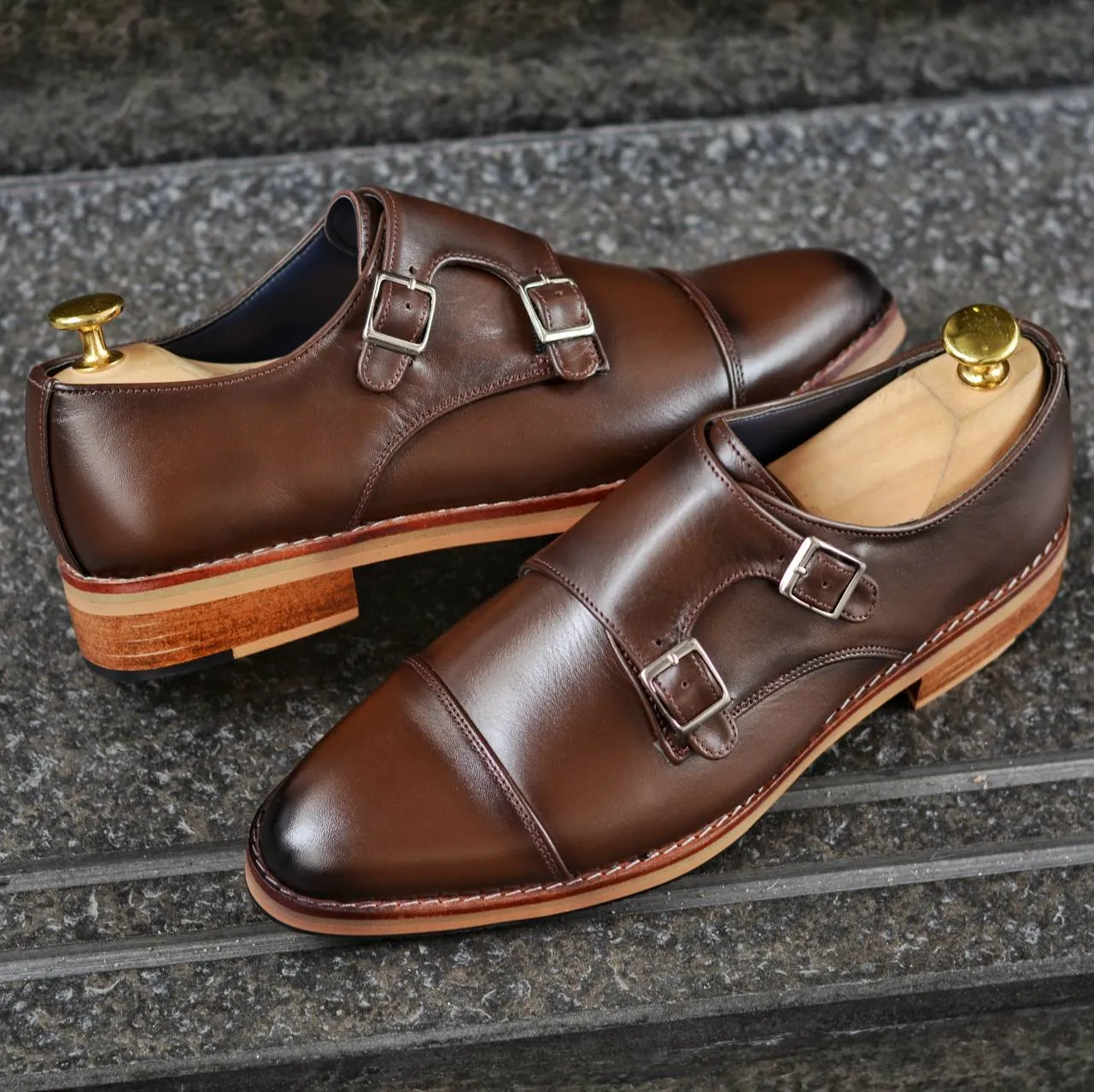 New Mocha Painted Double Monk Strap Shoes - 504