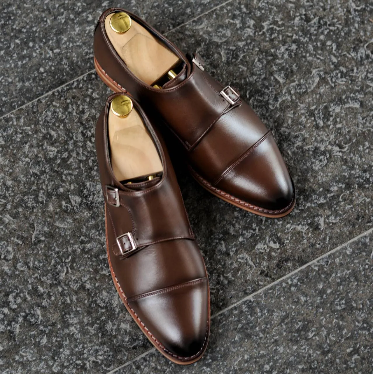 New Mocha Painted Double Monk Strap Shoes - 504