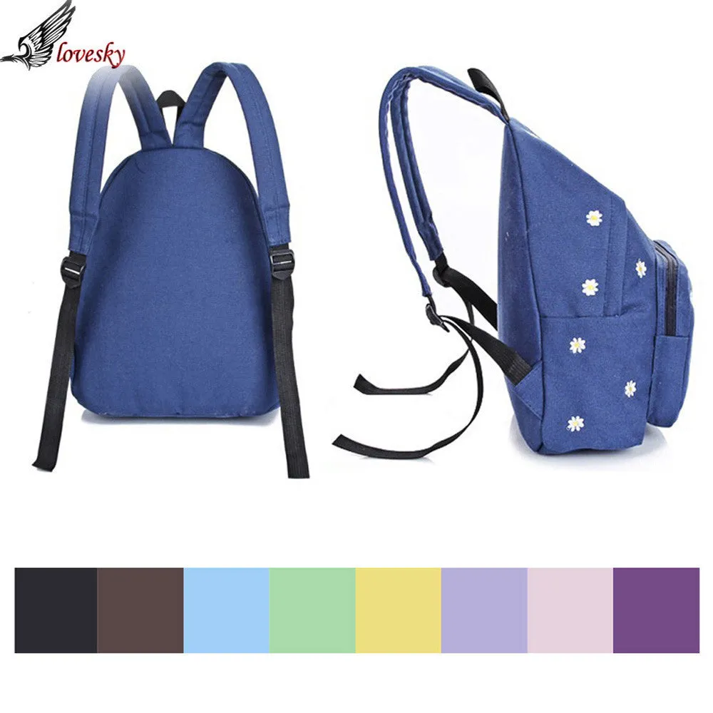 9 Color Flower Embroidery Canvas Zipper Shoulder Bag Preppy Style Schoolbag 40*27 cm