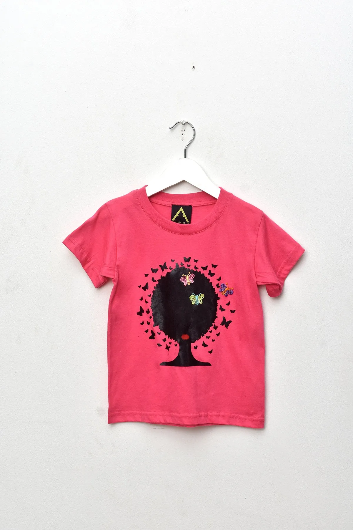 Aimas Afro girl crew neck tee with Afro girl image and butterfly detail