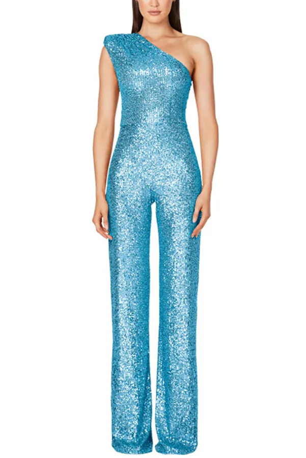 Alize Stretch Sequin One Shoulder Wide Leg Jumpsuit