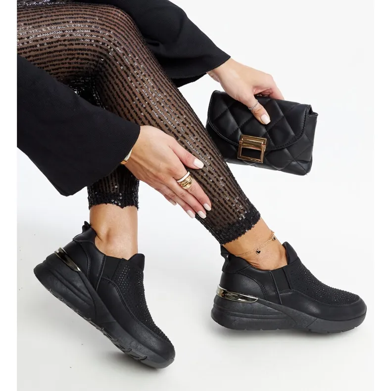 Ashleey black wedge sneakers with rhinestones