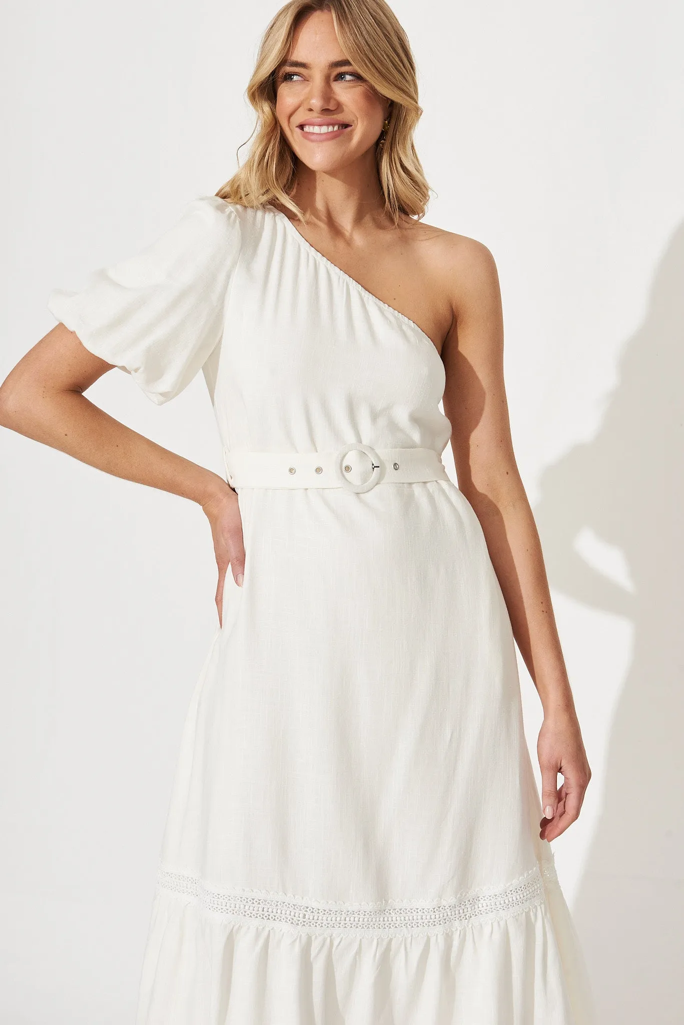 Bebe One Shoulder Midi Dress In Cream Cotton Linen Blend