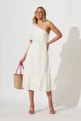 Bebe One Shoulder Midi Dress In Cream Cotton Linen Blend