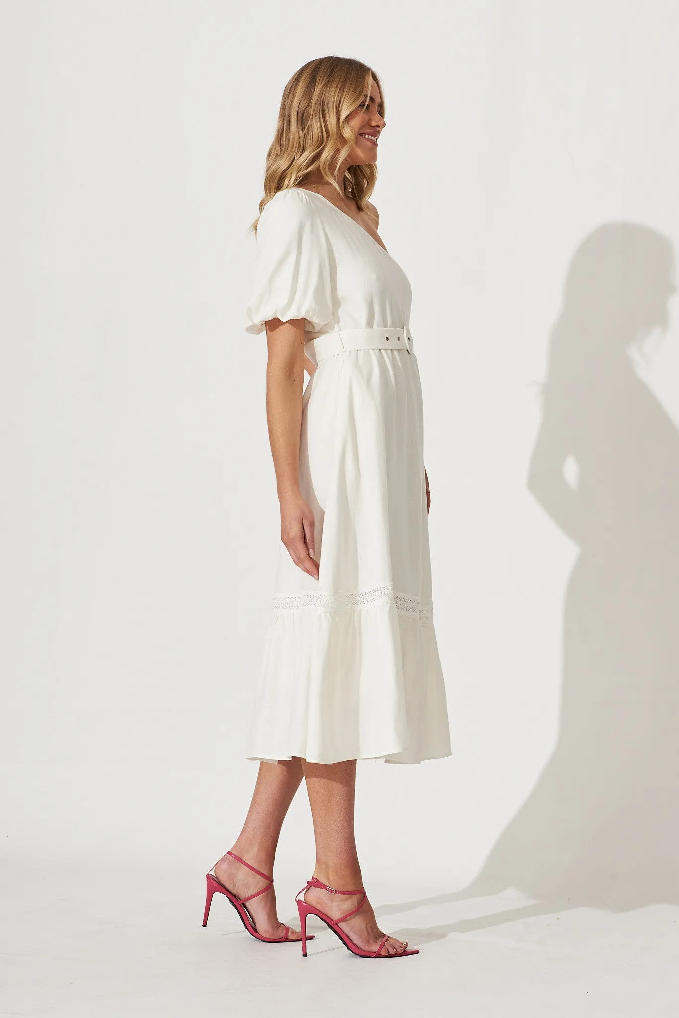 Bebe One Shoulder Midi Dress In Cream Cotton Linen Blend