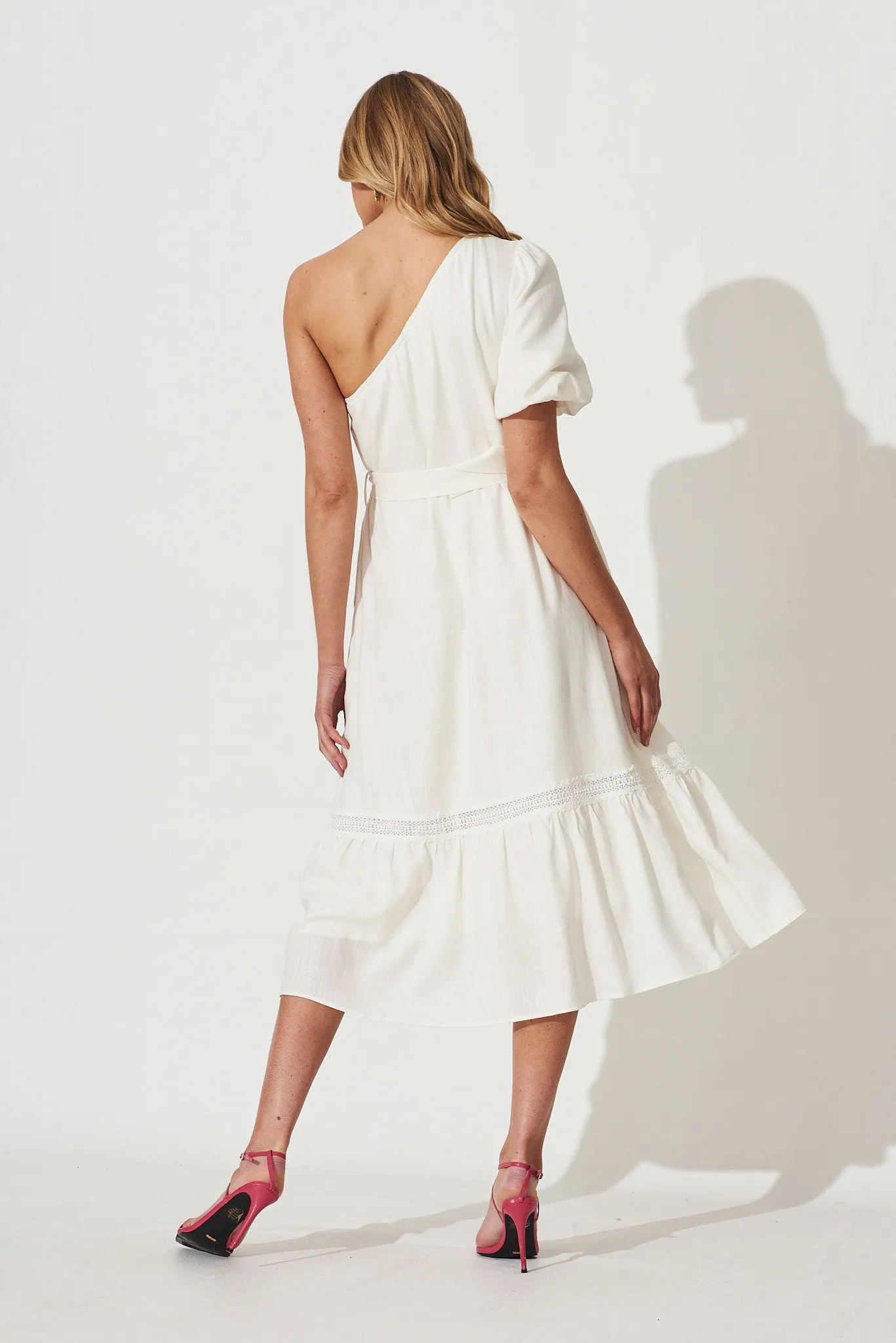 Bebe One Shoulder Midi Dress In Cream Cotton Linen Blend