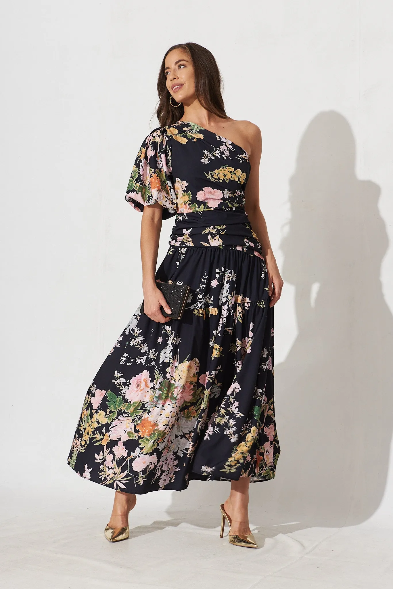 Berlyn One Shoulder Maxi Dress Black With Pink Floral