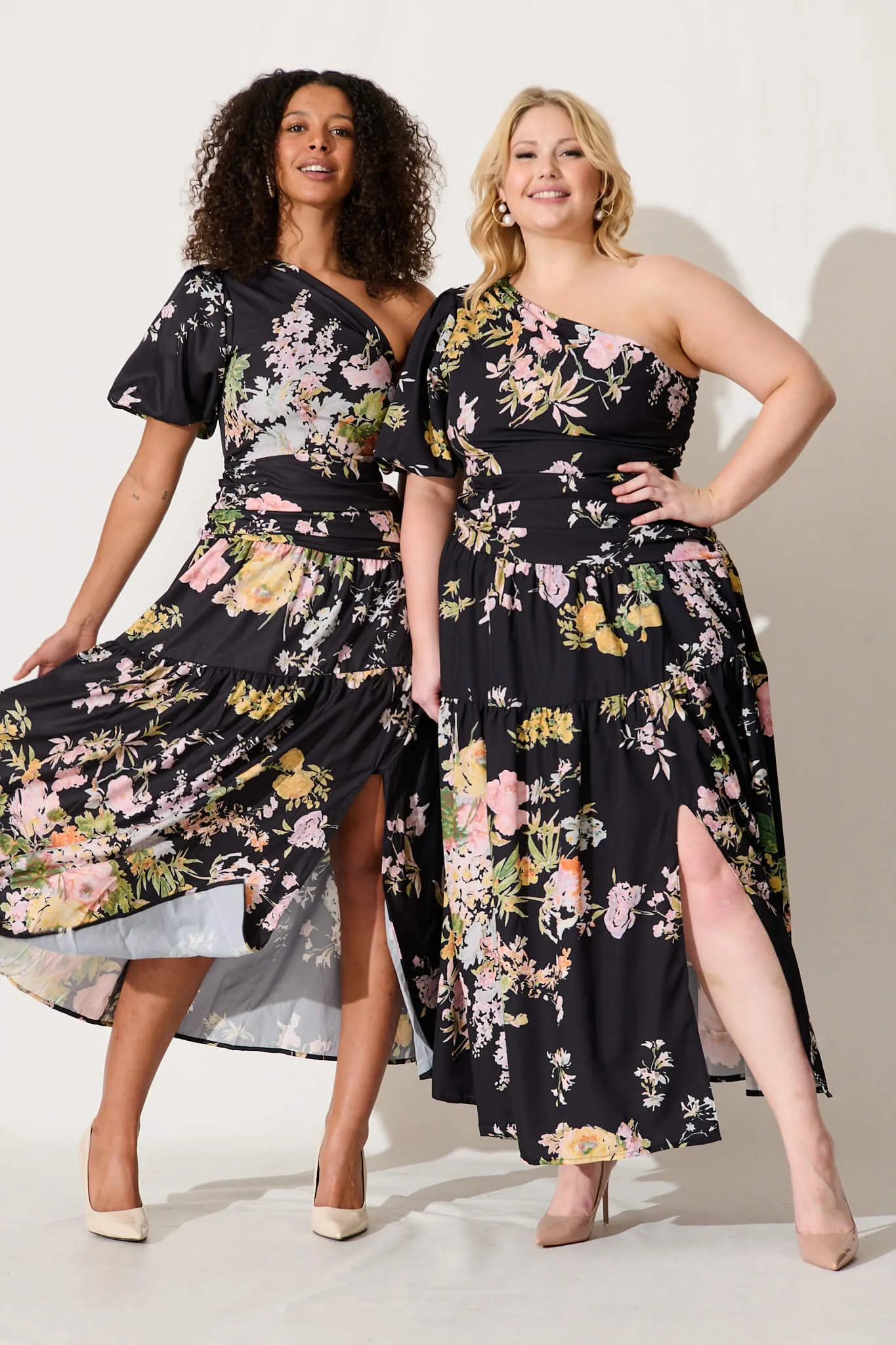 Berlyn One Shoulder Maxi Dress Black With Pink Floral