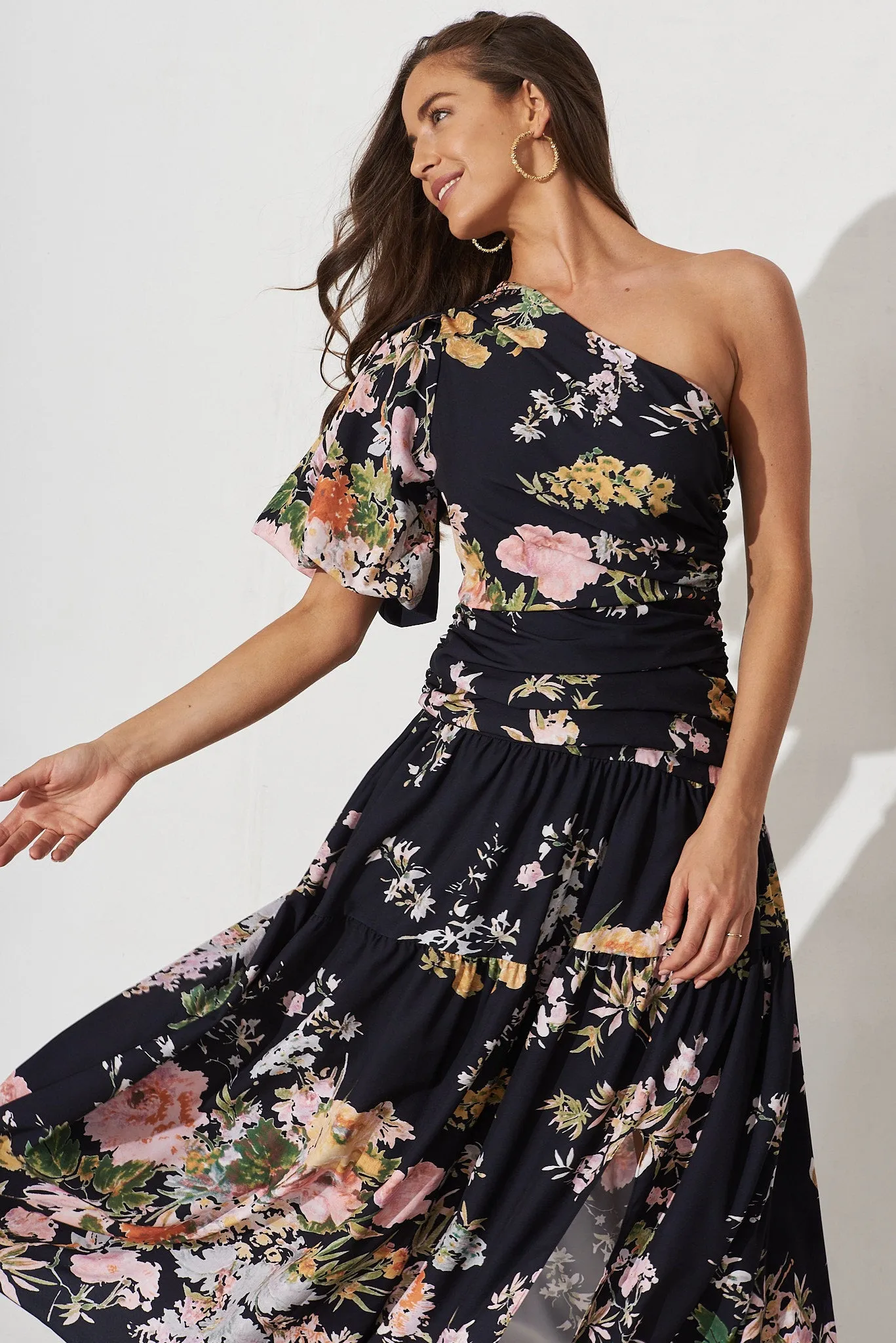 Berlyn One Shoulder Maxi Dress Black With Pink Floral