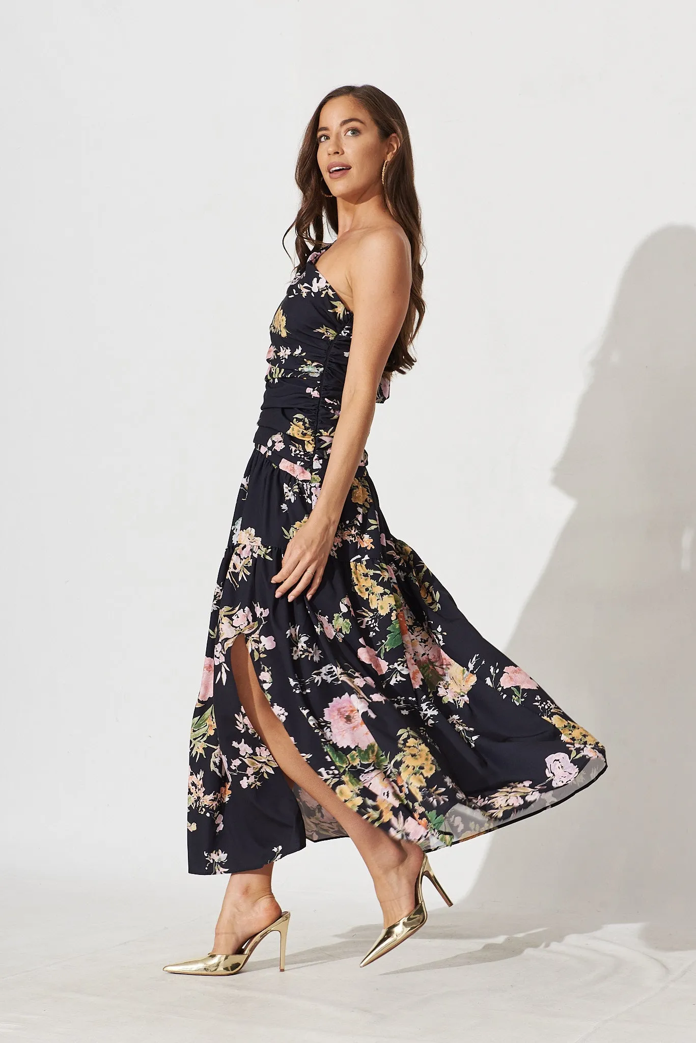 Berlyn One Shoulder Maxi Dress Black With Pink Floral