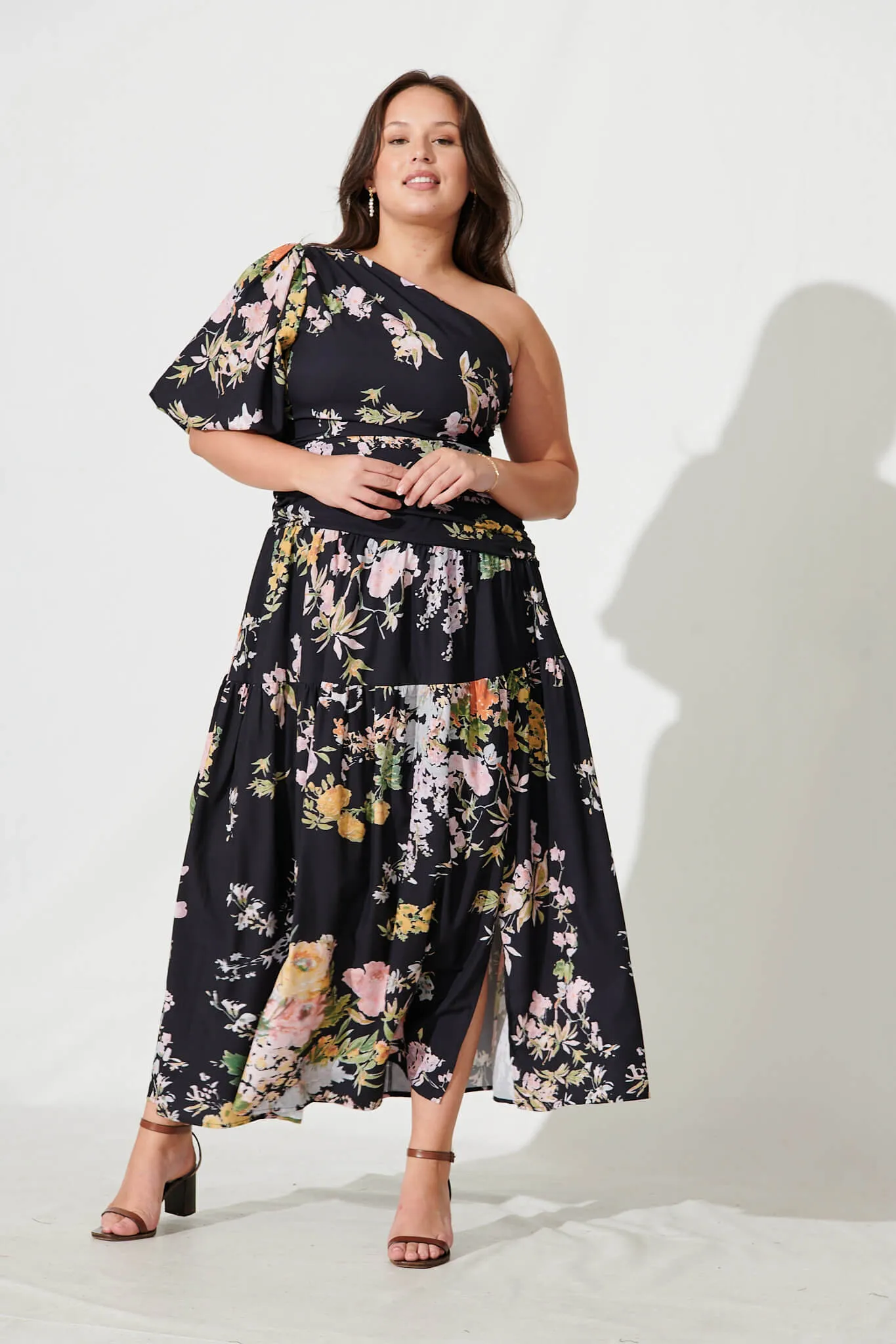 Berlyn One Shoulder Maxi Dress Black With Pink Floral