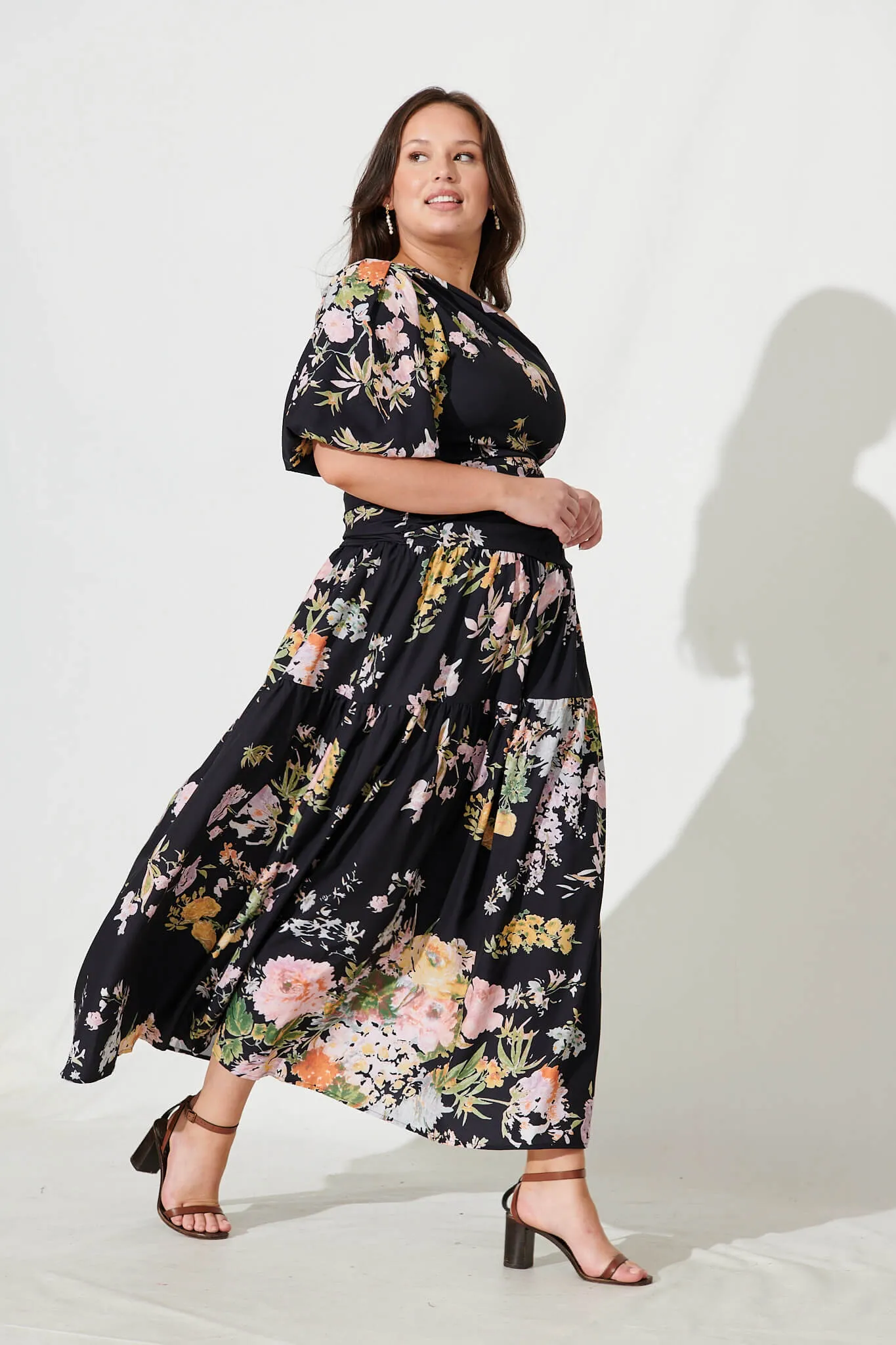 Berlyn One Shoulder Maxi Dress Black With Pink Floral