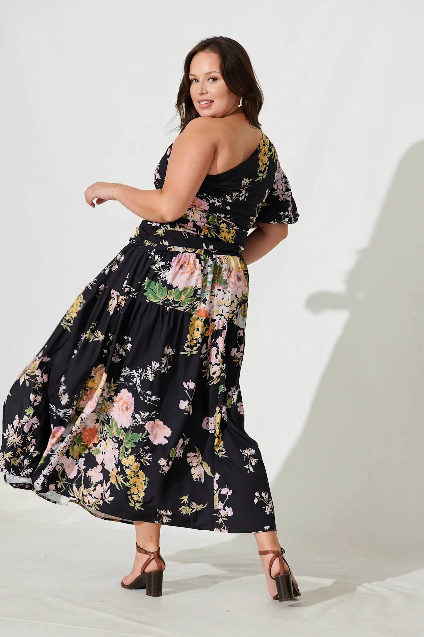 Berlyn One Shoulder Maxi Dress Black With Pink Floral