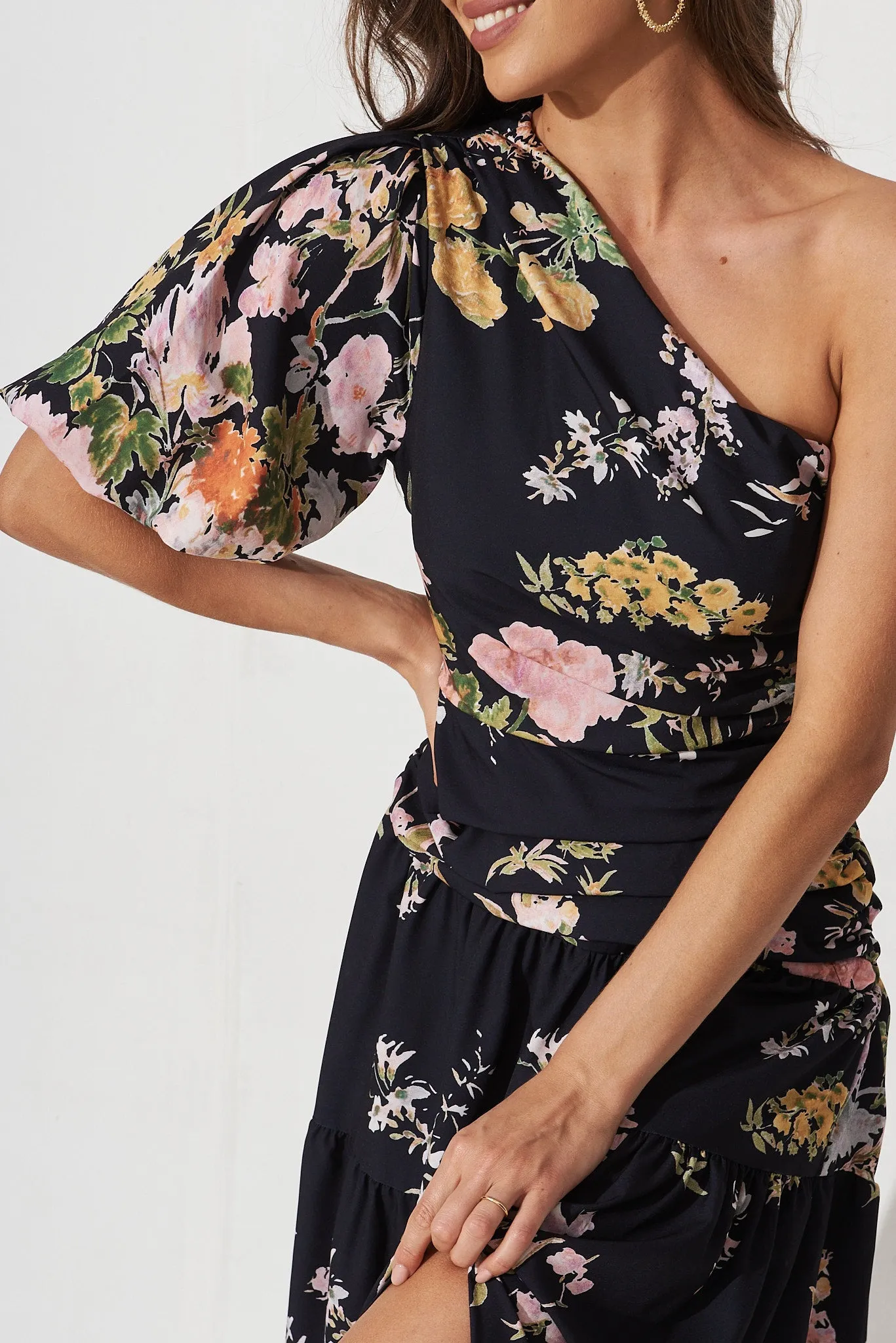 Berlyn One Shoulder Maxi Dress Black With Pink Floral