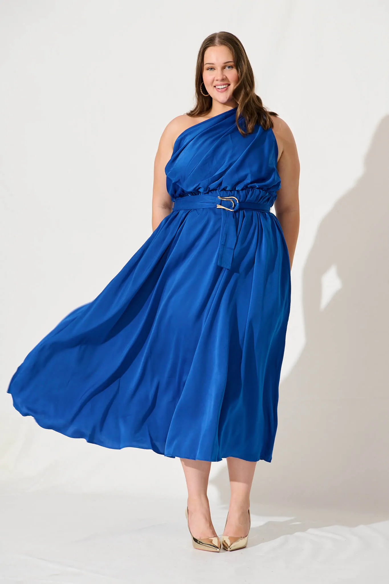 Bernadette One Shoulder Midi Dress In Cobalt Satin