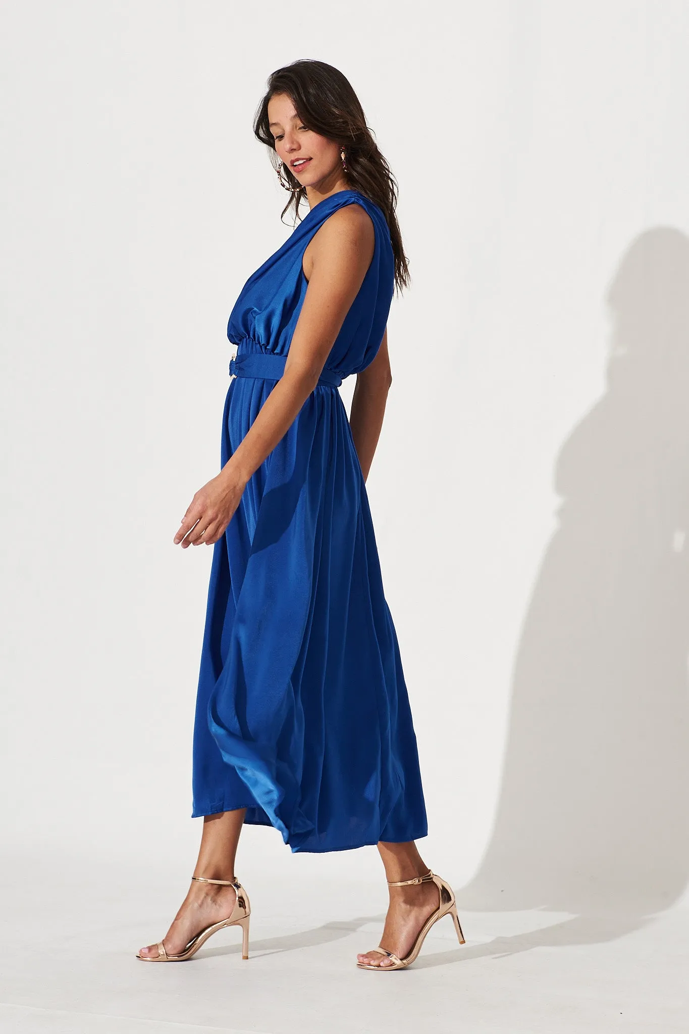 Bernadette One Shoulder Midi Dress In Cobalt Satin