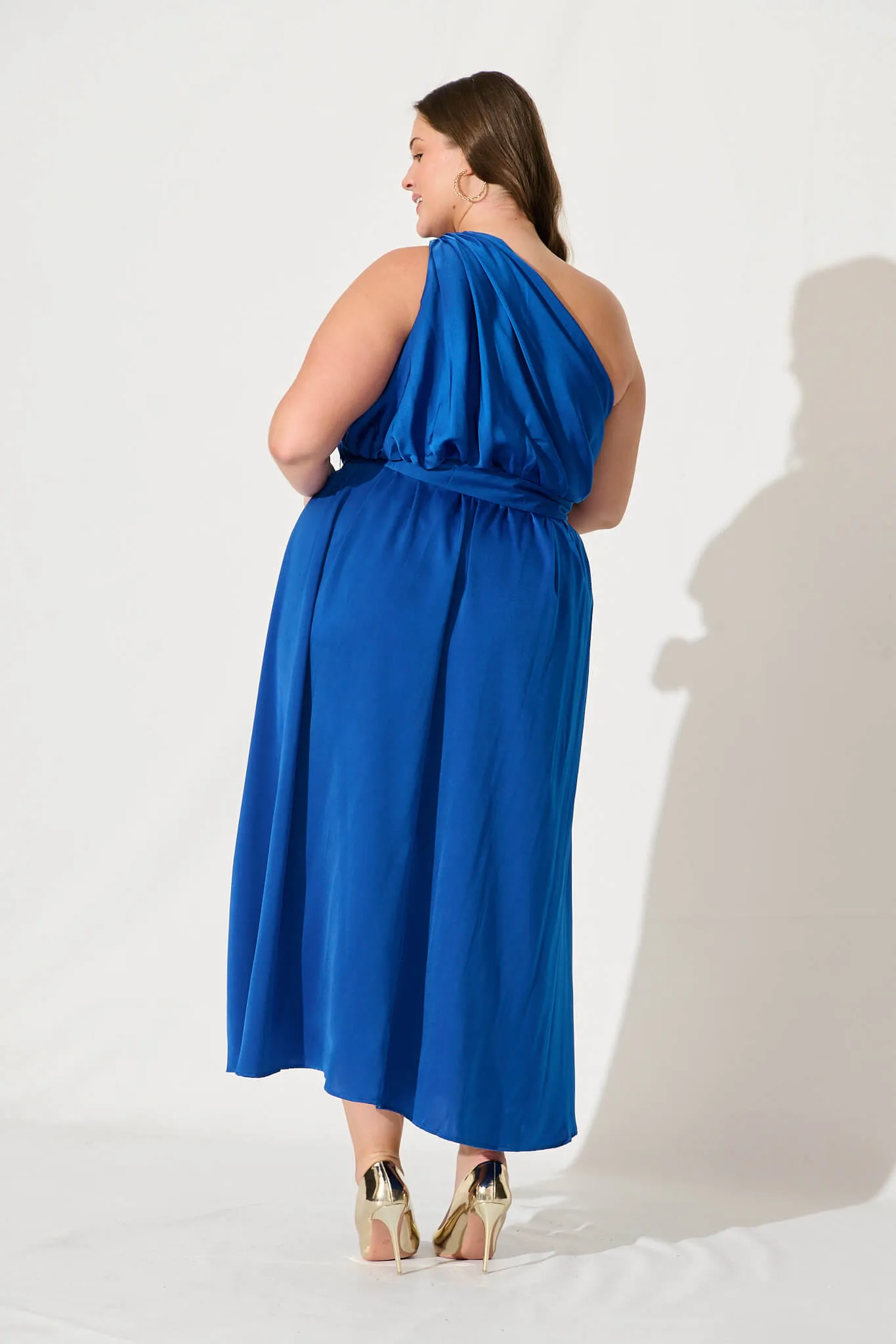 Bernadette One Shoulder Midi Dress In Cobalt Satin