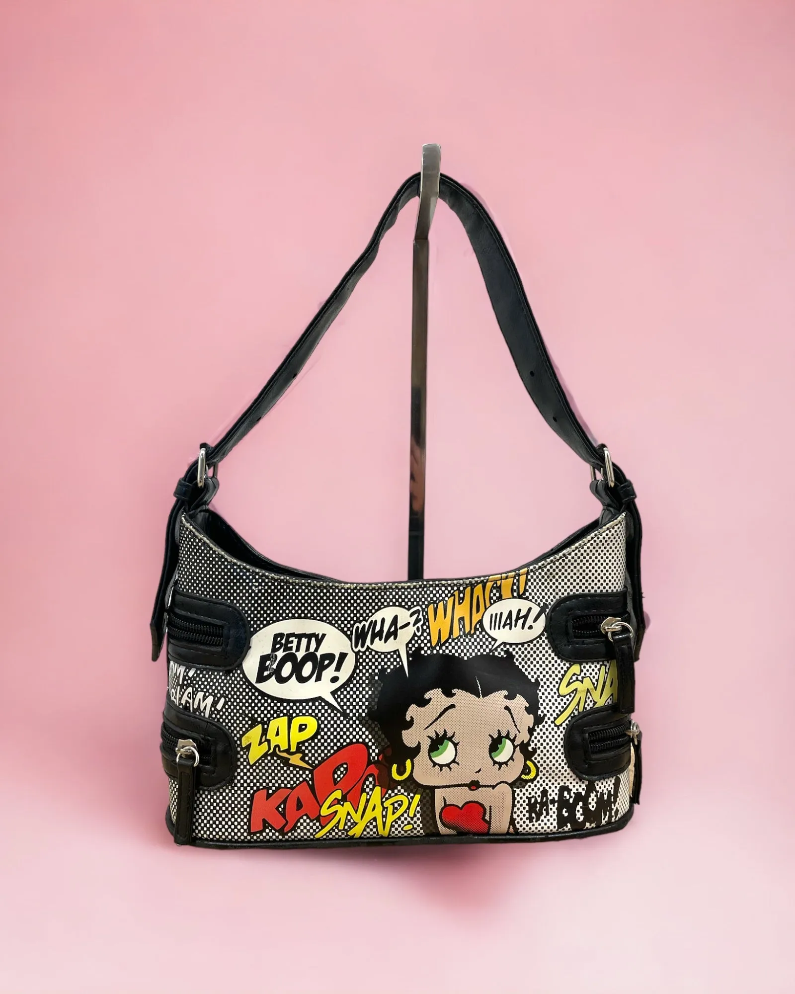 Floral Print Handbag with Retro Cartoon Character Design