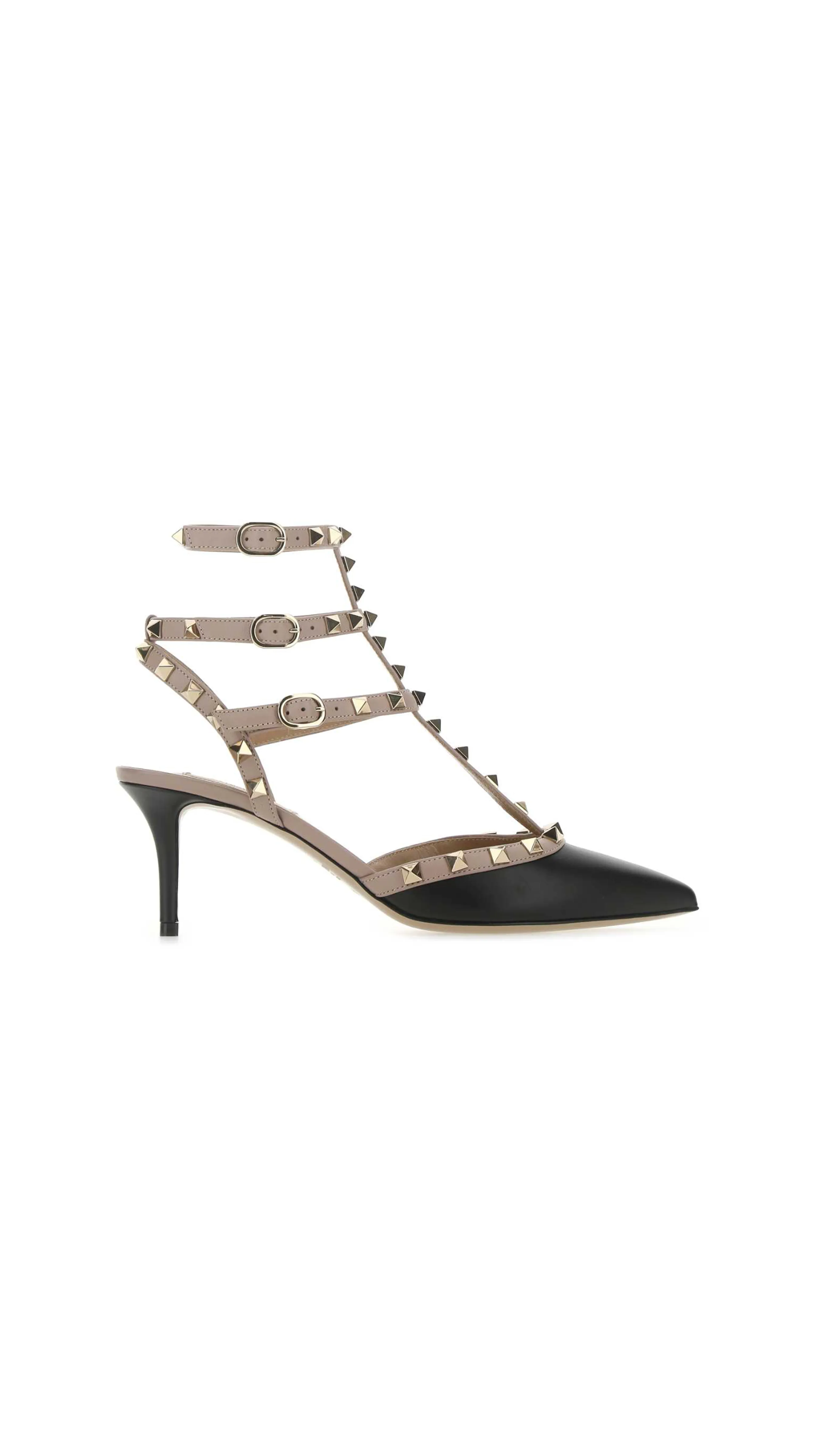 Black Beige Rockstud Caged Pump Grain de Poudre Leather 65MM