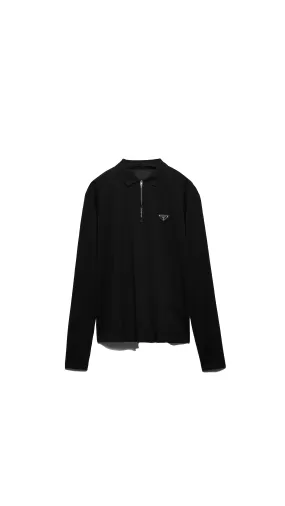 Black Cotton Piqué Long Sleeve Polo Shirt