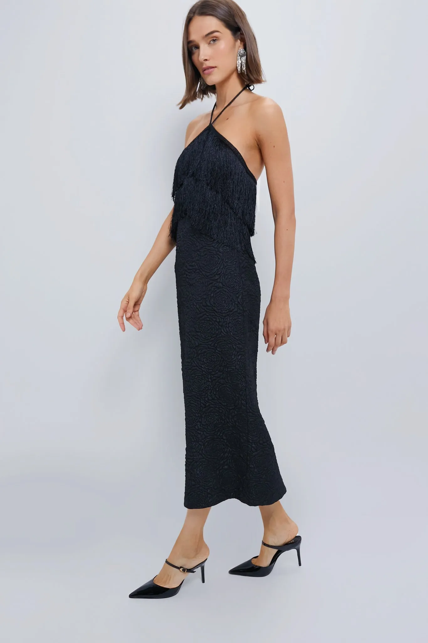 Black Fringe Halter Neck Natalia Maxi Dress