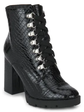 Black PU Block Heel Lace-Up Ankle Boots