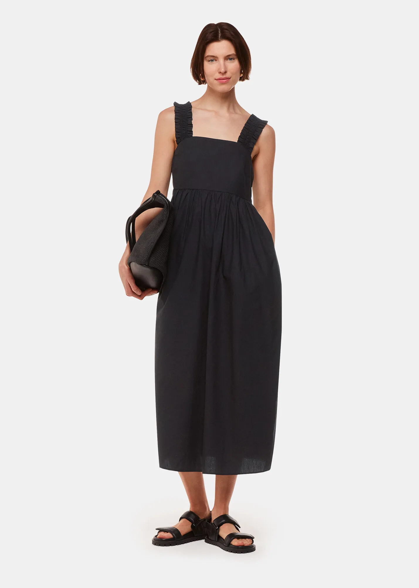 Black Ruffle Strap Poplin Midi Dress