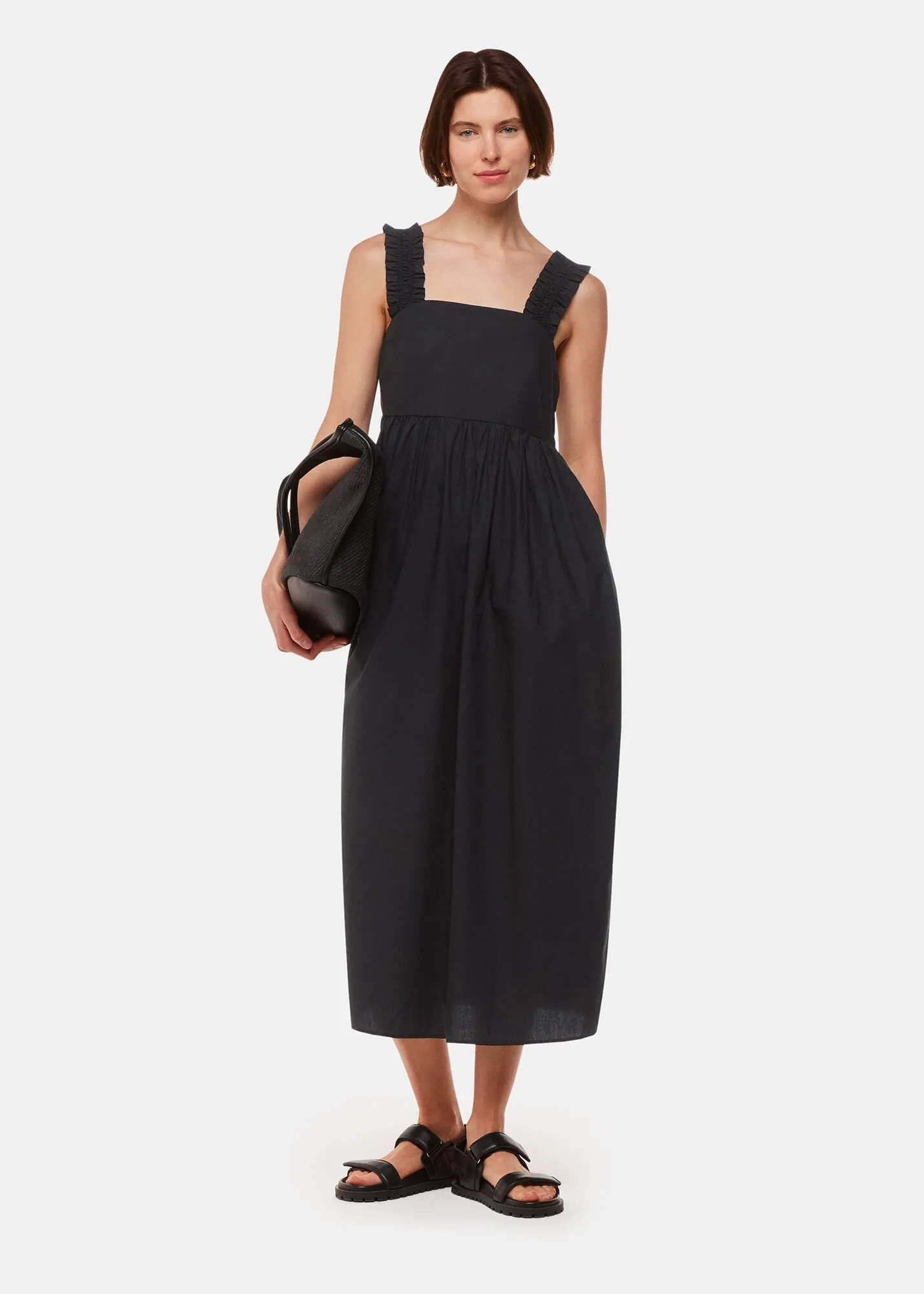 Black Ruffle Strap Poplin Midi Dress