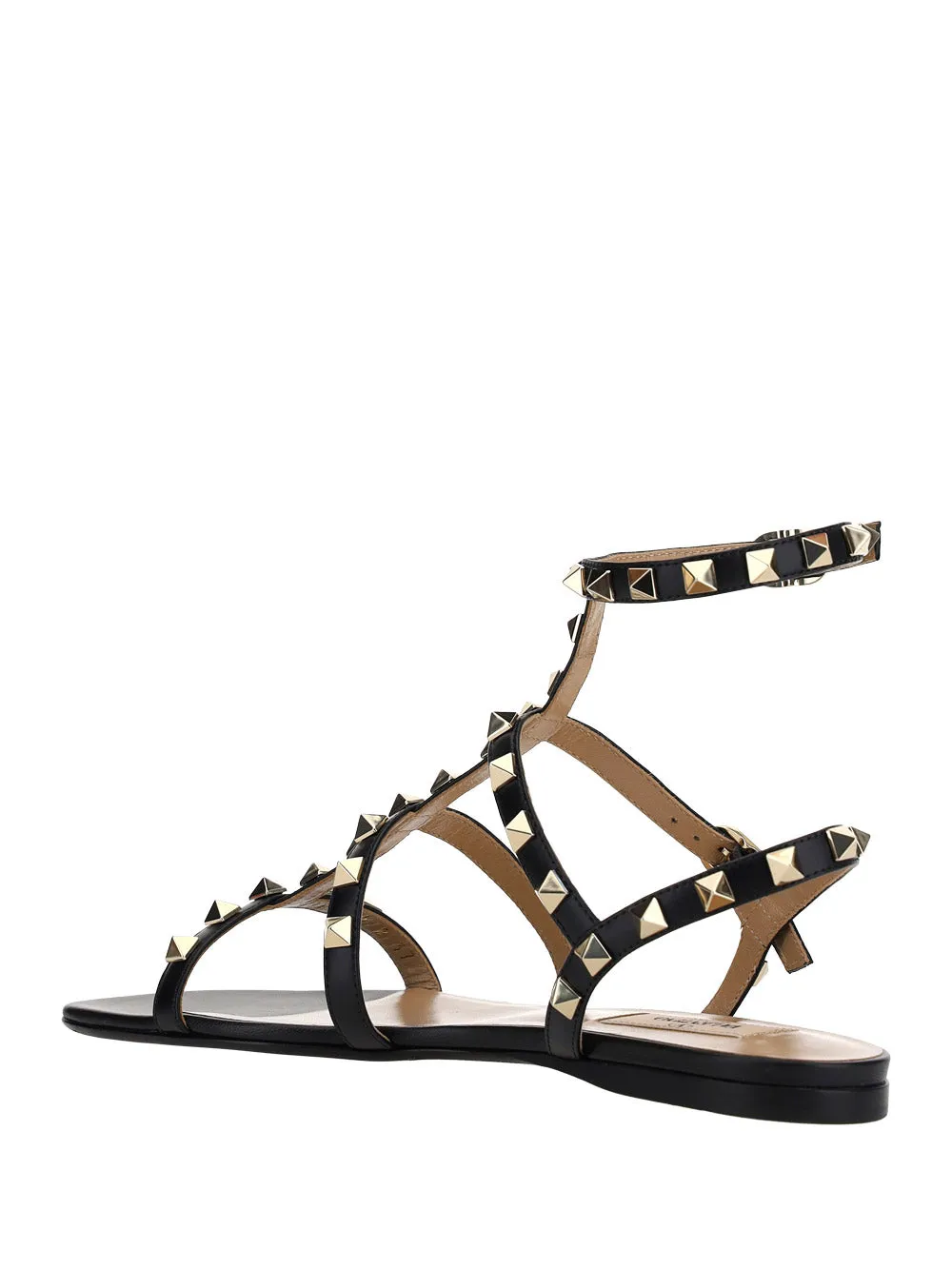 Black Strappy Rockstud Flat Sandal in Calfskin