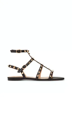 Black Strappy Rockstud Flat Sandal in Calfskin