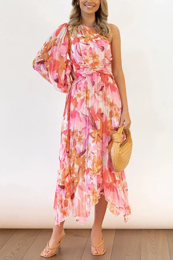 Bloom Your Own Way One Shoulder Pleated Midi Dress