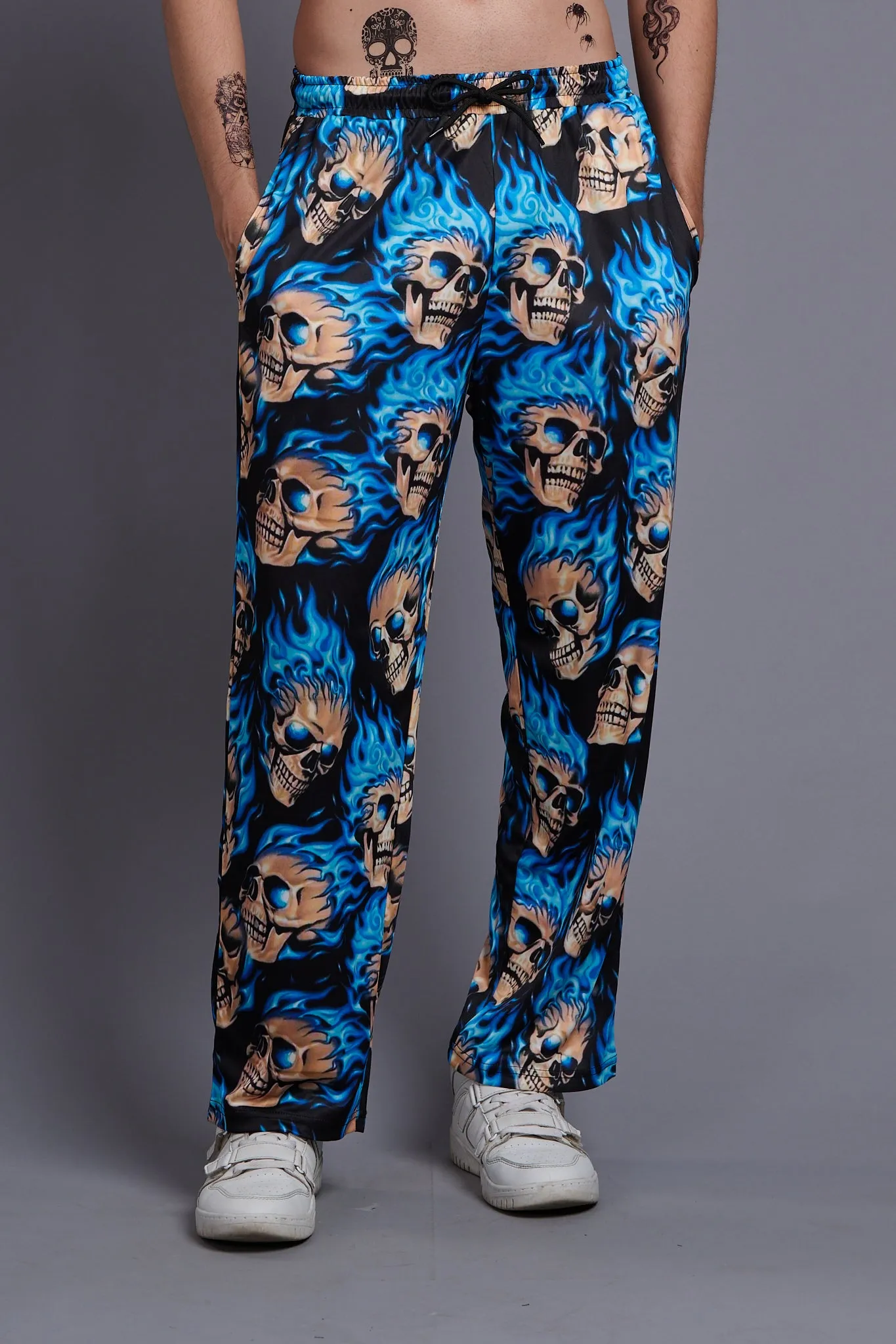 Blue Flaming Skull Printed Royal Joggers for Men