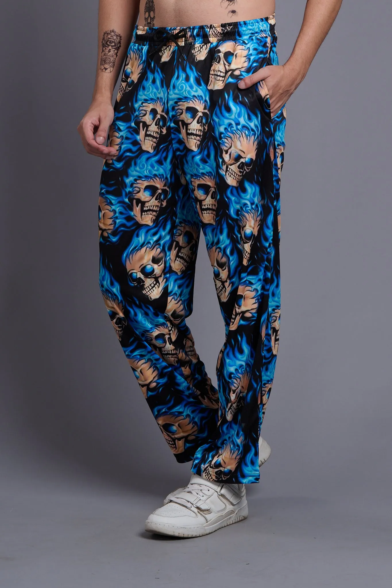 Blue Flaming Skull Printed Royal Joggers for Men