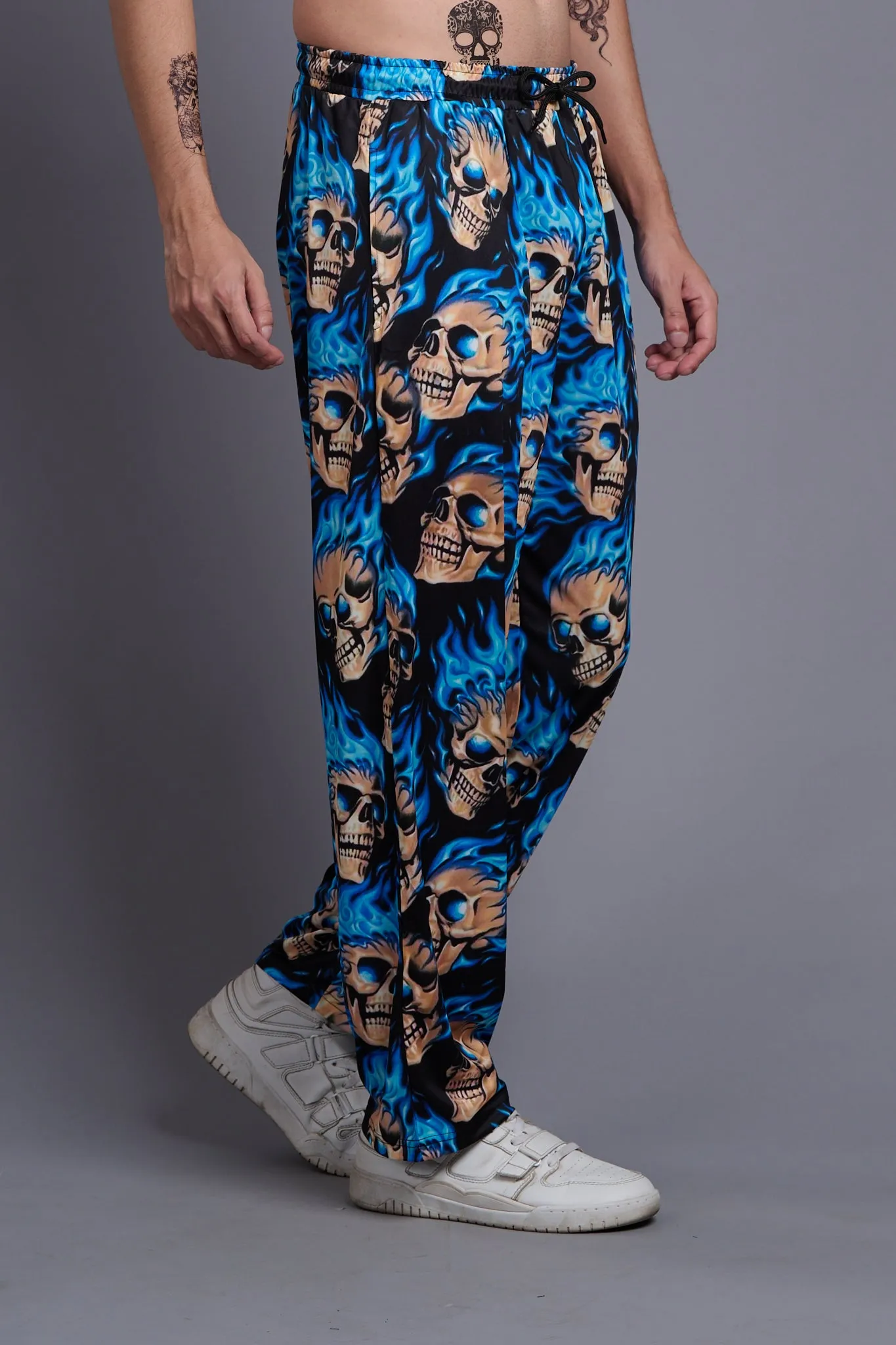 Blue Flaming Skull Printed Royal Joggers for Men