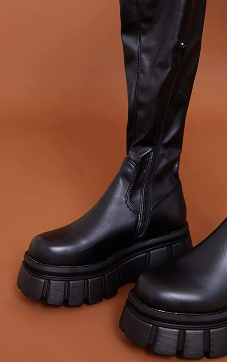 Black Extreme Flatform Sole Biker Over The Knee Boots