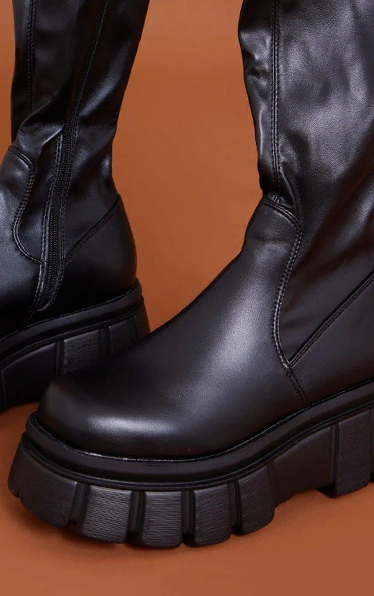 Black Extreme Flatform Sole Biker Over The Knee Boots