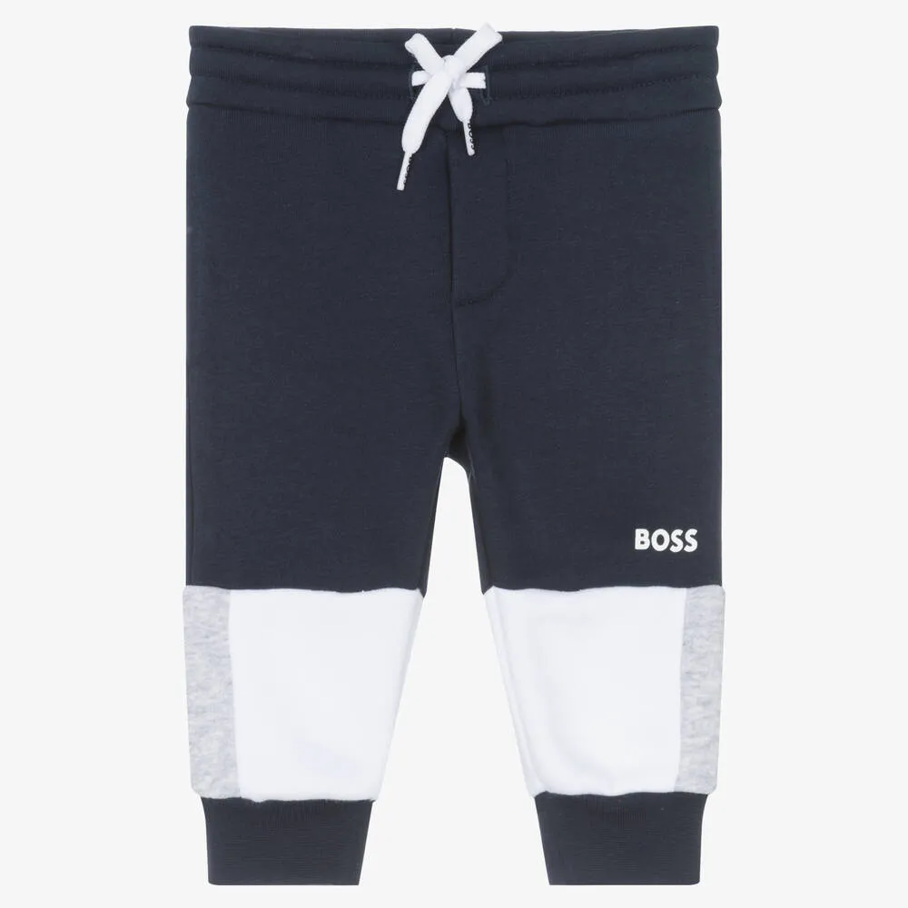 Boys Navy Blue & White Cotton Joggers