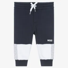 Boys Navy Blue & White Cotton Joggers