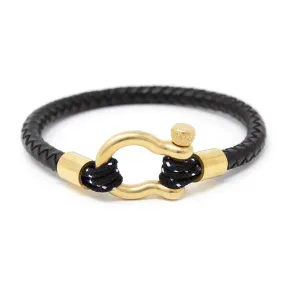 Braided Leather Bracelet Men Gold tone Shackle Black Medium.