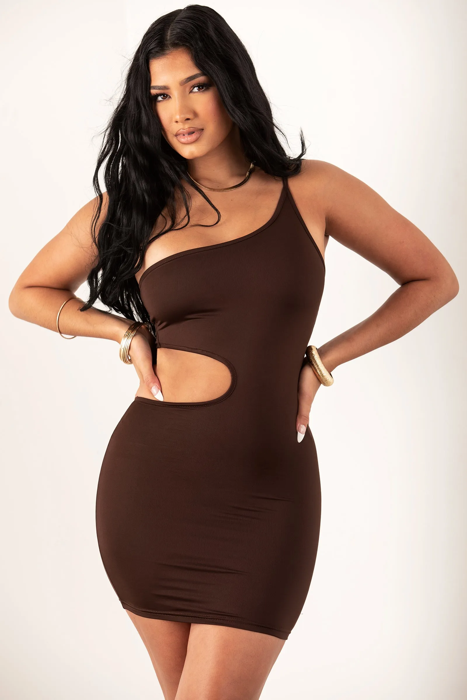 One Shoulder Brown Cut Out Dress